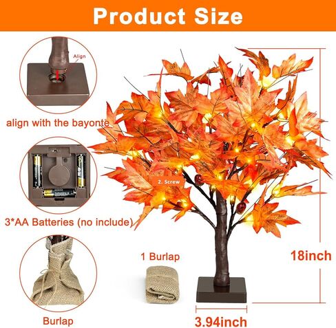 FastDeng 2FT Fall Lighted Maple Tree، 24 بوصة شجرة اصطناعية منضدية مع 36 مصباح LED، 72 ورقة، 6 بلوط، بطارية مؤقت تعمل لديكور المنزل لحصاد الخريف، زينة عيد الشكر (عبوتان) in Saudi Arabia
