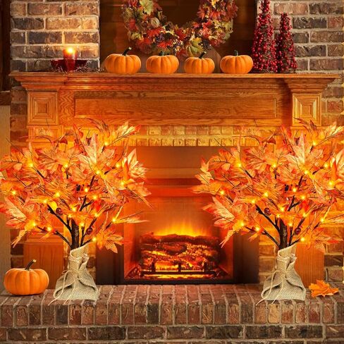 FastDeng 2FT Fall Lighted Maple Tree، 24 بوصة شجرة اصطناعية منضدية مع 36 مصباح LED، 72 ورقة، 6 بلوط، بطارية مؤقت تعمل لديكور المنزل لحصاد الخريف، زينة عيد الشكر (عبوتان) in Saudi Arabia