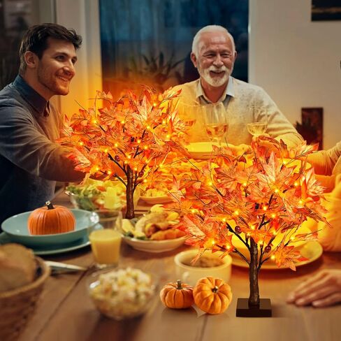 FastDeng 2FT Fall Lighted Maple Tree، 24 بوصة شجرة اصطناعية منضدية مع 36 مصباح LED، 72 ورقة، 6 بلوط، بطارية مؤقت تعمل لديكور المنزل لحصاد الخريف، زينة عيد الشكر (عبوتان) in Saudi Arabia