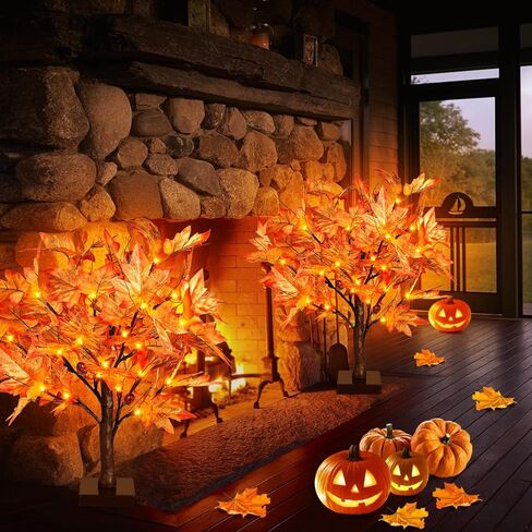 FastDeng 2FT Fall Lighted Maple Tree، 24 بوصة شجرة اصطناعية منضدية مع 36 مصباح LED، 72 ورقة، 6 بلوط، بطارية مؤقت تعمل لديكور المنزل لحصاد الخريف، زينة عيد الشكر (عبوتان) in Saudi Arabia