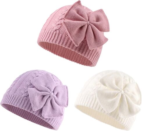 JANGANNSA Winter Warm Knitted Baby Hat for Girls Cotton Lined Infant Toddler Hat Autumn Cute Bow Classic Girls Beanie 0-6Y in Saudi Arabia