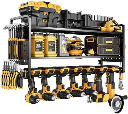 LBT Power Tool Organizer Wall Mount Garage Tool Storage with 7 Cordless Drill Holder Heavy Duty Metal Tool Utility Storage Rack Tool Shelf with Battery Holder Gifts For Men Father Husband in Kuwait