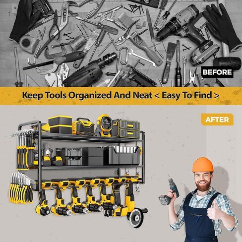 LBT Power Tool Organizer Wall Mount Garage Tool Storage with 7 Cordless Drill Holder Heavy Duty Metal Tool Utility Storage Rack Tool Shelf with Battery Holder Gifts For Men Father Husband in Kuwait