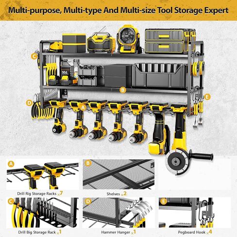 LBT Power Tool Organizer Wall Mount Garage Tool Storage with 7 Cordless Drill Holder Heavy Duty Metal Tool Utility Storage Rack Tool Shelf with Battery Holder Gifts For Men Father Husband in Kuwait