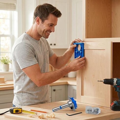 35mm Concealed Hinge Drilling Jig Kit, Adjustable Depth Carbide Forstner Drill Bit Hinge Boring Hole Saw Cutter with Door Hinges Drilling Guide for Cupboard Cabinet Door Hinge Installation in Kuwait