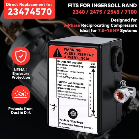 23474570 مفتاح ضغط لشركة Ingersoll Rand، مفتاح ضغط 135/175 PSI لـ Ingersoll-Rand 3-Phase 2340 2475 2545 7100 & 7.5HP 1-Phase 2475 ضواغط الهواء، 4 منافذ 1/4 بوصة FNPT، صمام التفريغ المدمج in Kuwait