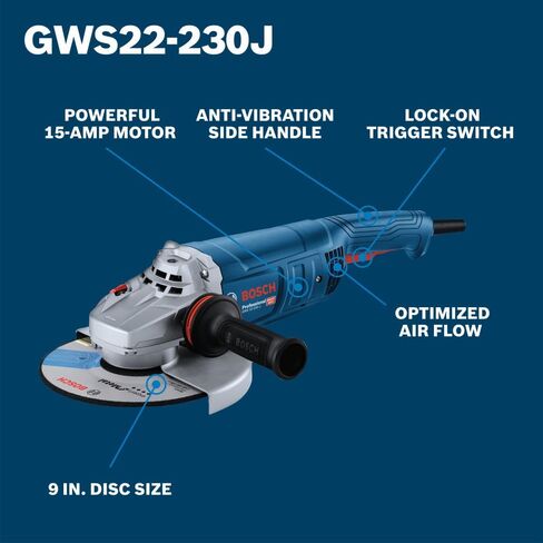 BOSCH GWS22-230J 9 "طاحونة زاوية، محرك 15 أمبير، 6500 دورة في الدقيقة للطحن الثقيل، مقبض مضاد للاهتزاز، طاحونة زاوية كبيرة لتشغيل المعادن (Inc: واقي القطع، واقي الطحن، والمقبض) in Kuwait
