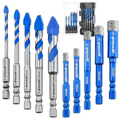 Greywolf 10 pcs Diamond Drill bit Set, Tile Drill bits, Suitable for Ceramic, Glass, Porcelain, Marble, and Granite in Drilling Holes, Hexagonal Shank Tile Drill bits with Cooling Wax, 5/6/8/10/12mm in Kuwait