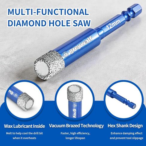 Greywolf 10 pcs Diamond Drill bit Set, Tile Drill bits, Suitable for Ceramic, Glass, Porcelain, Marble, and Granite in Drilling Holes, Hexagonal Shank Tile Drill bits with Cooling Wax, 5/6/8/10/12mm in Kuwait