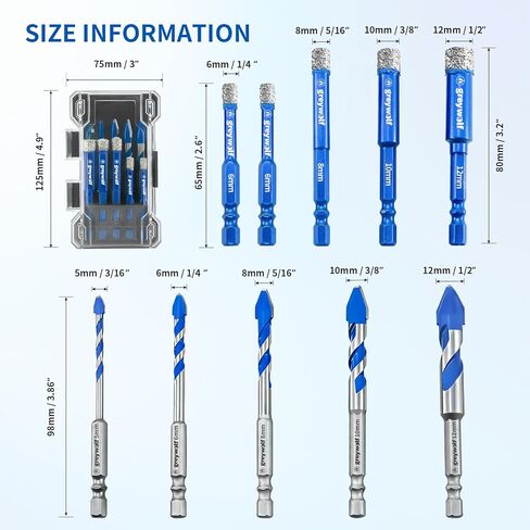 Greywolf 10 pcs Diamond Drill bit Set, Tile Drill bits, Suitable for Ceramic, Glass, Porcelain, Marble, and Granite in Drilling Holes, Hexagonal Shank Tile Drill bits with Cooling Wax, 5/6/8/10/12mm in Kuwait