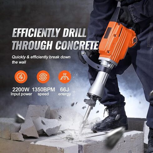 Happybuy 2200W Demolition Jack Hammer, 1400 BPM Concrete Breaker, Heavy Duty Electric, 6pcs Chisel Bits, Gloves, 360° Swiveling Front Handle, Trenching & Breaking Holes in Kuwait
