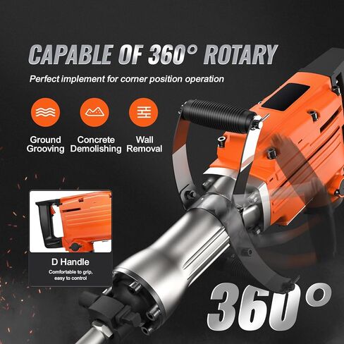 Happybuy 2200W Demolition Jack Hammer, 1400 BPM Concrete Breaker, Heavy Duty Electric, 6pcs Chisel Bits, Gloves, 360° Swiveling Front Handle, Trenching & Breaking Holes in Kuwait