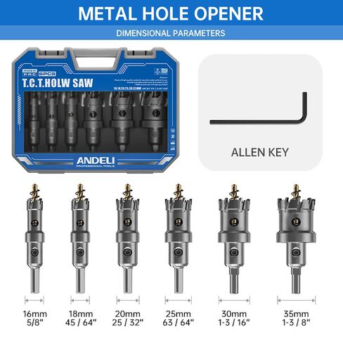 ANDELI 9PCS 5/8 "-1-3/8" TCT مجموعة منشار ثقب، مجموعة فتاحة ثقب كربيد، قاطع ثقب معدني صلب، سكين منشار ثقب TCT شديد التحمل مع مثقاب توجيه للحديد والألومنيوم ولوحة النحاس والبلاستيك in Kuwait