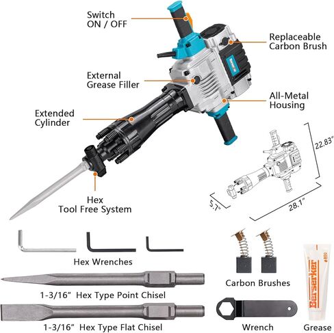 Berserker 2100W 50-Pound Demolition Jack Hammer with 1-3/16" Hex, 17-Amp Corded Electric Heavy Duty Demo Chipping Hammer Concrete/Pavement Breaker with Carrying Case Flat Chisel Bull Point Chisel in Kuwait