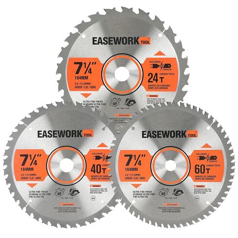 أداة EASEWORK TOOL مقاس 7-1/4 بوصة 24T + 40T + 60T مجموعة شفرات منشار دائري متعددة الاستخدامات، مائلة من كربيد التنجستن، طحن ATAF، تجويف 5/8 بوصة مع ضربة قاضية ماسية in Kuwait