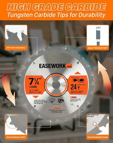 أداة EASEWORK TOOL مقاس 7-1/4 بوصة 24T + 40T + 60T مجموعة شفرات منشار دائري متعددة الاستخدامات، مائلة من كربيد التنجستن، طحن ATAF، تجويف 5/8 بوصة مع ضربة قاضية ماسية in Kuwait