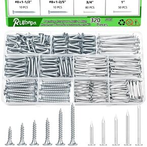 320Pcs Premium Hardware Nails & High Hardness Wood Screws Assortment Kit,11 Sizes (1/2"-2"),Phillips Drive Flat Head, Wood Screws,Galvanized,Picture Hanging,Wood,Common Nails with Storage Box in Kuwait