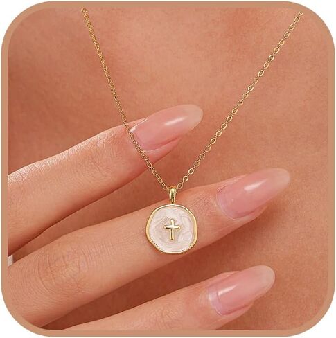 Dainty Cross Coin Necklace for Women 925 Sterling Silver Christian Necklaces 14K Gold Plated Faith Circle Pendant Necklace Religious Jewelry Easter Christian Baptism Religious Christmas Gifts in Saudi Arabia