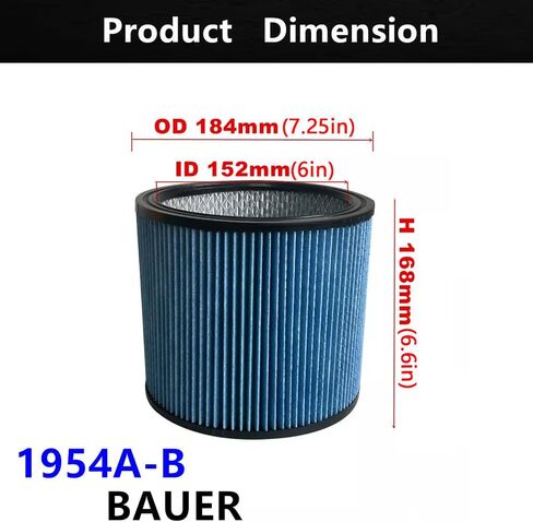 عبوة واحدة من خرطوشة استبدال Brikiwee 1954A-B فلتر HEPA للغبار الناعم متوافق مع مرشح BAUER 6 و7 و9 و14 و16 جالون - أزرق in Kuwait
