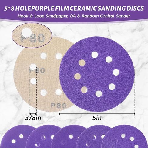 200 Pcs 5 Inch 8 Hole Purple Ceramic Sanding Discs, Hook and Loop Sandpaper Assorted 60/80/100/120/150/180/240/320/400/600 Grits, Heavy Duty Abrasive Pads for Random Orbital Sander in Kuwait