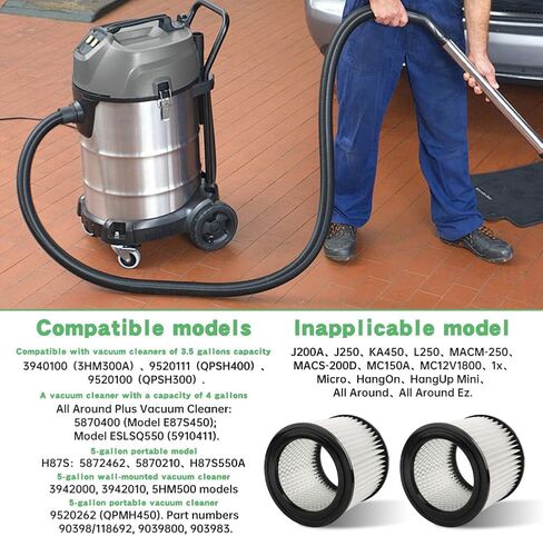 90398 Filters fit for Shop Vac, HEPA Vacuum Cleaner Replacement Filter Compatible with 90398/118692, 9039800,9039833, with 4 Foam Sleeve & 5 Pre-filter Bags, Fits Most 4 Gallon & less Wet/Dry Vacuums in Kuwait