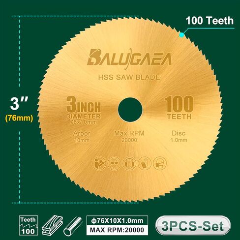 3 inch HSS Circular Saw Blade with 10mm Arbor, 1.0mm Kerf 100T Cutting Disc Mini Miter Cut Off Saw for Wood Plastic PVC Soft Metal Cut Off Tool, 3pieces,TiN Coated in Kuwait