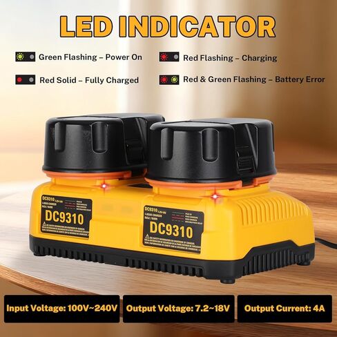 شاحن بطارية DC9310 لبطاريات Dewalt 7.2V-18V Ni CD/Ni MH، محطة شحن مزدوجة المنفذ متوافقة مع DC9096 DC9098 DC9099 DW9072 DE9057 DW9061، استبدل DC9310 وDW9116 in Kuwait