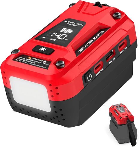 شاحن USB للبطارية متوافق مع بطارية Dewalt 20V، محول بديل للشاحن السريع بقدرة 140 وات، يتميز بمنفذين PD3.1 USB-C، ومنفذ QC18W USB-A، و700LM LED للتخييم في موقع العمل في الهواء الطلق (المحول فقط) in Kuwait