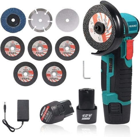 12V Mini Cordless Angle Grinder, 3-Inch Compact Power Cut-Off Tool with Brushless Motor, 19500 RPM, 2Pcs 1.5Ah Batteries and 8Pcs Cutting Wheels for Metal Polishing, Wood Cutting, Blue in Kuwait