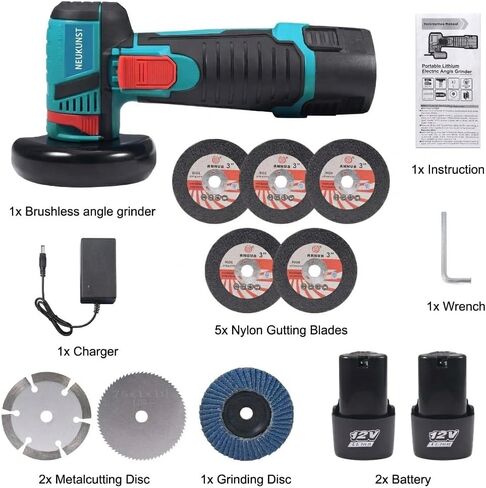 12V Mini Cordless Angle Grinder, 3-Inch Compact Power Cut-Off Tool with Brushless Motor, 19500 RPM, 2Pcs 1.5Ah Batteries and 8Pcs Cutting Wheels for Metal Polishing, Wood Cutting, Blue in Kuwait