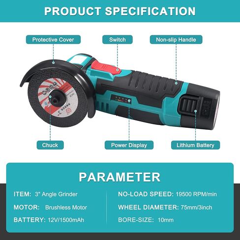 12V Mini Cordless Angle Grinder, 3-Inch Compact Power Cut-Off Tool with Brushless Motor, 19500 RPM, 2Pcs 1.5Ah Batteries and 8Pcs Cutting Wheels for Metal Polishing, Wood Cutting, Blue in Kuwait