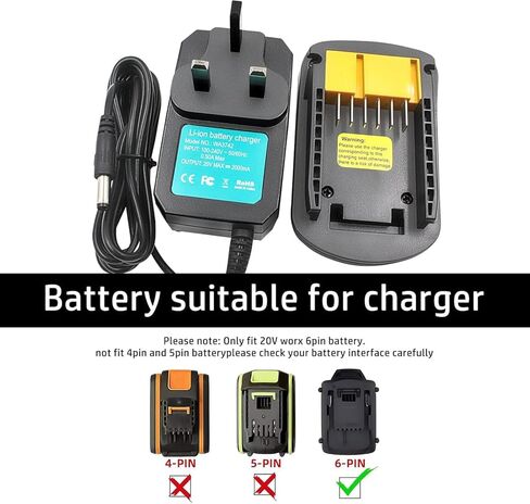 Li-ion Battery Charger 18V 20V 2A for Worx WA3520 WA3525 WA3578 WA3575 WA3512 WA3512.1 WA3522 WA3847 WA3868 WA3835 WA3764 WA3742 WA3732 WA3875 WA3881 WA3731 20V 6PIN (Not fit Old 4 pin) in Kuwait