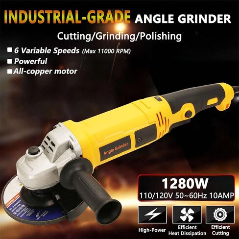 Angle Grinder 5 Inch 10.0 Amp 1280W Electric Grinder Tool,6-Variable-Speed, 11000 RPM, Paddle Switch with Lock-on Button, Professional Tool for Metal Cutting & Grinding and Polishing in Kuwait
