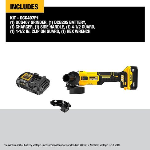 DEWALT 20V MAX مجموعة أدوات طحن زاوية الطاقة اللاسلكية 4 1/2 بوصة مع بطارية وشاحن (DCG407P1) in Kuwait