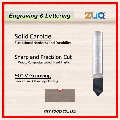 ZUQ 1/4 بوصة لقمة توجيه النقش باستخدام الحاسب الآلي من الكربيد الصلب - 90 درجة على شكل حرف V، فلوت فردي، ساق 1/4 بوصة، الطول الإجمالي 1-1/2 بوصة - للخشب والبلاستيك والحروف المعدنية ونحت التفاصيل | Z40-1901 (1/4) in Kuwait