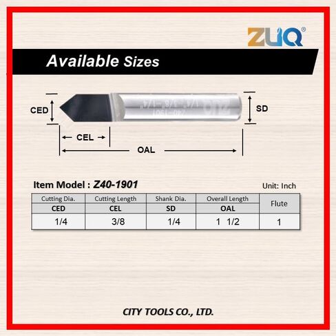 ZUQ 1/4 بوصة لقمة توجيه النقش باستخدام الحاسب الآلي من الكربيد الصلب - 90 درجة على شكل حرف V، فلوت فردي، ساق 1/4 بوصة، الطول الإجمالي 1-1/2 بوصة - للخشب والبلاستيك والحروف المعدنية ونحت التفاصيل | Z40-1901 (1/4) in Kuwait
