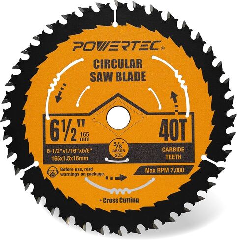 شفرة منشار دائرية POWERTEC 6-1/2 بوصة، أربور 5/8 بوصة، شقوق 1/16 بوصة، شفرة ذات أطراف كربيد 40 سنًا لقطع الخشب، قطع متقاطع ناعم (14023) in Kuwait