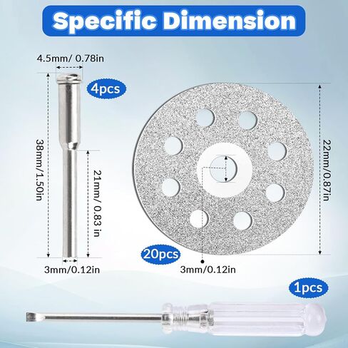Diamond Cutting Wheel Kit, 20 Pcs 545 Diamond Cutting Wheels(22mm) for Rotary Tools with 4 Pcs 402 Mandrels and 1 Pc Screwdriver, Cutting Blade Set for DIY, Engraving and Grinding of Hard Materials in Kuwait