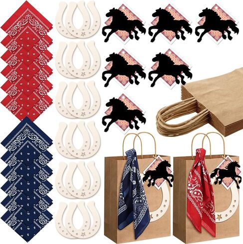 jeere 12 مجموعة الأكياس الغربية لاعبي رعاة البقر الحزب الغربي مفضلات مع Paisley Cowboy Bandanas ملصقات البطاقات Wild West Party Favors Kraft Gift مع مقابض لزخارف حفلة عيد ميلاد رعاة البقر in Saudi Arabia