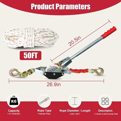 YATOINTO Rope Puller 1-1/2 Ton 3300 lbs Capacity with 20' of 0.6" Diameter Rope 2 Hook Come Along Winch Heavy Duty Ratchet Power Puller Tool for Moving Boats in Saudi Arabia
