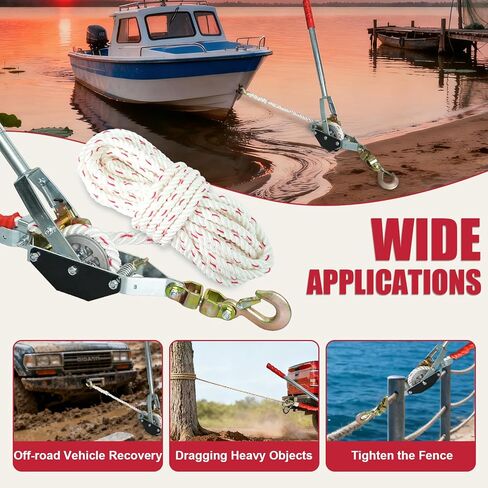 YATOINTO Rope Puller 1-1/2 Ton 3300 lbs Capacity with 20' of 0.6" Diameter Rope 2 Hook Come Along Winch Heavy Duty Ratchet Power Puller Tool for Moving Boats in Saudi Arabia
