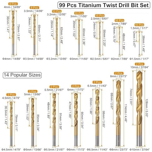 99PCS Titanium Coated HSS Drill Bit Set 1/16 to 3/8 in, 135 Degree Spiral Flutes with Storage Case for Metal, Wood, Plastic, Golden in Kuwait