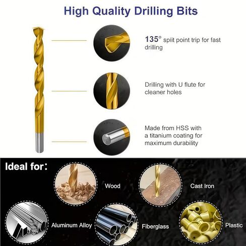 99PCS Titanium Coated HSS Drill Bit Set 1/16 to 3/8 in, 135 Degree Spiral Flutes with Storage Case for Metal, Wood, Plastic, Golden in Kuwait