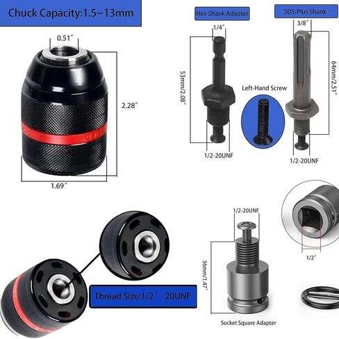 Keyless Drill Chuck，1/2-20UNF Mount 1.5-13mm Self-tighten Drill Chuck for Multi - Functions,Including 3/8" SDS-Plus Shank,1/4" Hex Shank,1/2" Impact Wrench Adapter in Kuwait