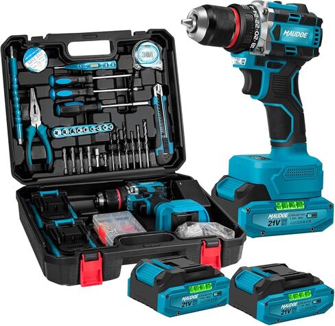 21V Brushless Cordless Drill, 60Nm Max Torque, 3/8" Keyless Chuck, 2 Variable Speed, with 2×2.0Ah Batteries & Charger, 135Pcs Tool Kit, Power Drill Set for Home Repair, DIY, Wood/Metal Drilling in Kuwait