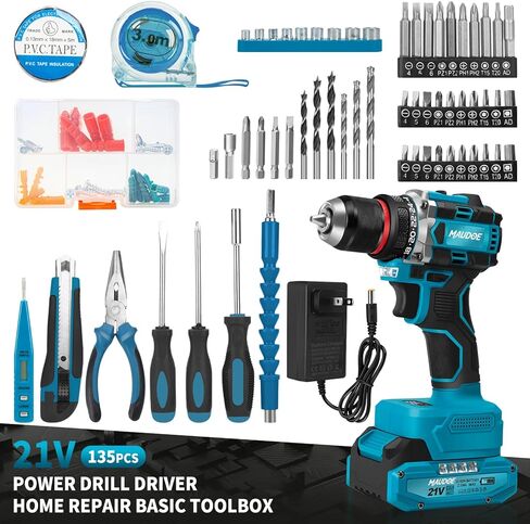 21V Brushless Cordless Drill, 60Nm Max Torque, 3/8" Keyless Chuck, 2 Variable Speed, with 2×2.0Ah Batteries & Charger, 135Pcs Tool Kit, Power Drill Set for Home Repair, DIY, Wood/Metal Drilling in Kuwait