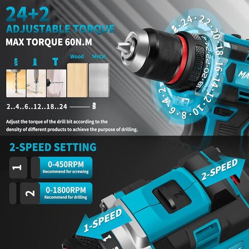 21V Brushless Cordless Drill, 60Nm Max Torque, 3/8" Keyless Chuck, 2 Variable Speed, with 2×2.0Ah Batteries & Charger, 135Pcs Tool Kit, Power Drill Set for Home Repair, DIY, Wood/Metal Drilling in Kuwait