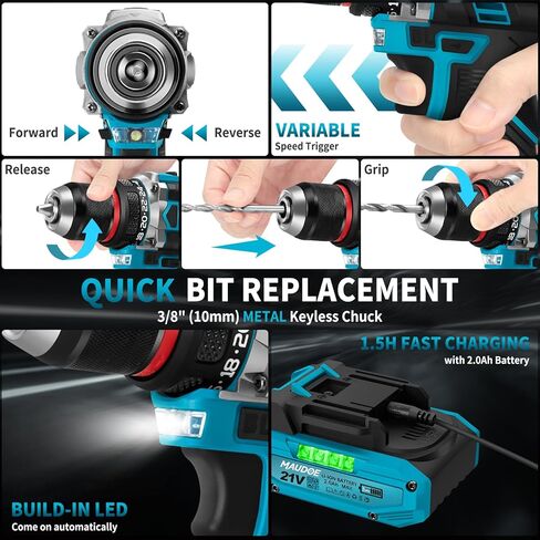 21V Brushless Cordless Drill, 60Nm Max Torque, 3/8" Keyless Chuck, 2 Variable Speed, with 2×2.0Ah Batteries & Charger, 135Pcs Tool Kit, Power Drill Set for Home Repair, DIY, Wood/Metal Drilling in Kuwait