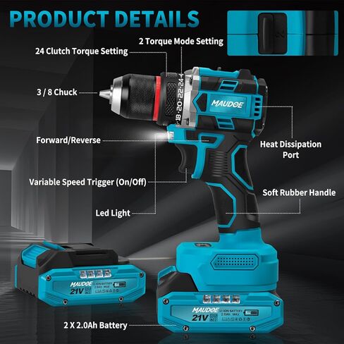 21V Brushless Cordless Drill, 60Nm Max Torque, 3/8" Keyless Chuck, 2 Variable Speed, with 2×2.0Ah Batteries & Charger, 135Pcs Tool Kit, Power Drill Set for Home Repair, DIY, Wood/Metal Drilling in Kuwait
