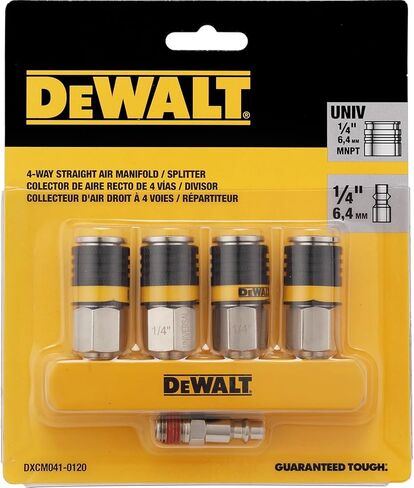 مشعب هواء مستقيم بأربعة اتجاهات من DEWALT مع مقسم هوائي متعدد الأدوات: 4 قارنات عالمية ومقبس صناعي، 300 رطل لكل بوصة مربعة كحد أقصى، وتدفق هواء 40 SCFM in Kuwait